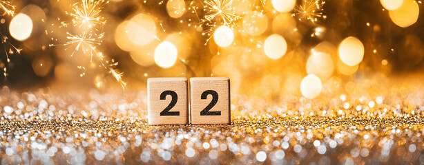 Poster - 2025 New Year background with golden fireworks and wooden cubes