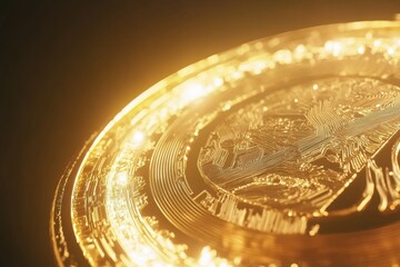Poster - Detailed close-up of a shining golden Bitcoin, highlighting the intricate design and technological sophistication, symbolizing wealth, digital currency, and the future of finance.