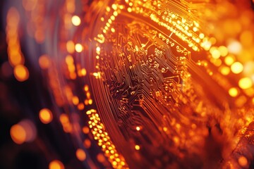 Poster - Abstract close-up of a vibrant orange and gold computer circuit board, showcasing the intricate electronic pathways and interconnected components with soft bokeh lights.
