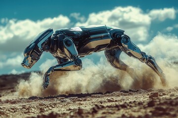 Poster - Futuristic robotic panther sprinting across a barren landscape, raising dust under a blue cloudy sky, showcasing advanced AI and engineering design with metallic texture.