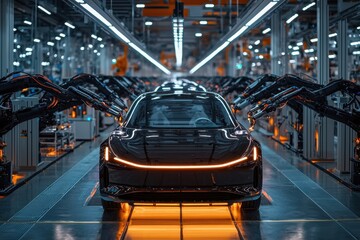 Poster - a sleek electric car on the assembly line, surrounded by robotic arms, highlighting the future of au