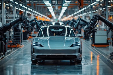 Poster - futuristic car assembly line featuring robotic arms working on an electric vehicle, emphasizing adva