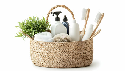 Cleaning Items in Basket: Organized basket filled with various cleaning supplies, isolated on white.