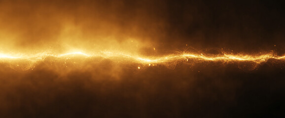 Poster - Close-up of a glowing golden lightning strike in a dark background, representing energy, power, and dynamic movement with a creative and abstract concept.