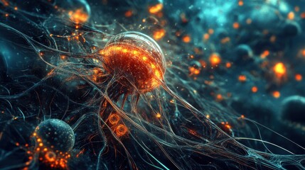 Poster - Intricate Abstract Visualization of Bioluminescent Cellular Structures in a Digital Environment