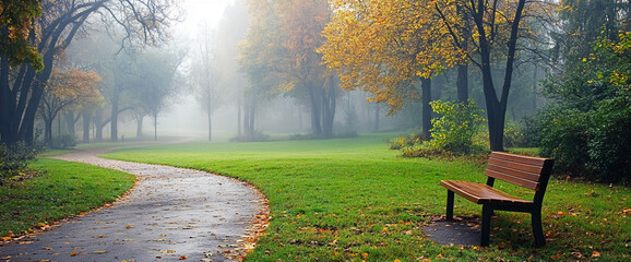 Poster - Autumn park path with a bench, surrounded by colorful trees and fog, evoking a serene and peaceful atmosphere, perfect for reflection or relaxation in nature.