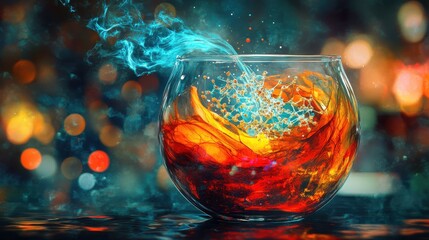 Poster - Dynamic Splash of Colorful Liquid in Glass Bowl with Swirling Vortex and Bokeh Background