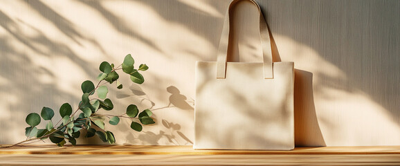 Poster - Minimalist beige canvas tote bag with eucalyptus leaves, showcasing simplicity and eco-friendly fashion, with soft light and shadows adding a calm and natural aesthetic.