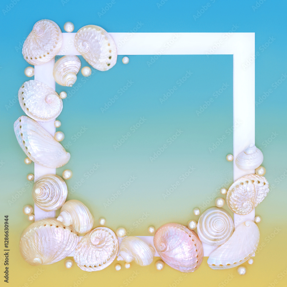 Shell Gradient Sea shells and pearls on gradient yellow blue background with white ...