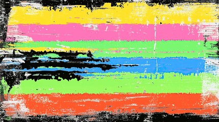 Fototapete - Abstract grunge painting with vibrant horizontal stripes of yellow pink green blue and orange on textured canvas