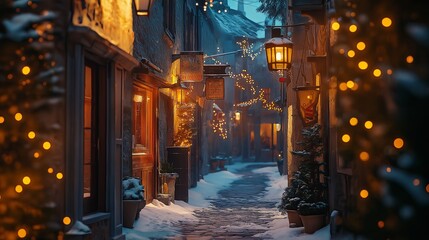 Aufkleber - A cozy European alleyway with glowing lanterns.