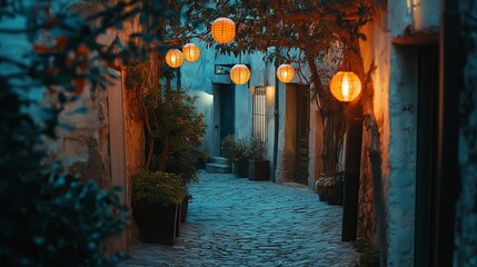 Aufkleber - A cozy European alleyway with glowing lanterns.