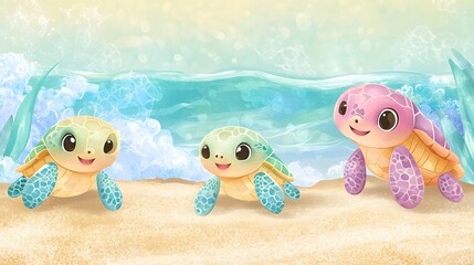 Poster - Three Adorable Cartoon Sea Turtles Enjoy Beachside Summer Fun