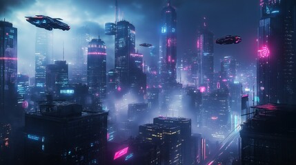 Poster - A cyberpunk city skyline with flying cars at night