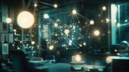 Fototapete - Abstract visualization of interconnected nodes and bubbles in a modern workspace environment