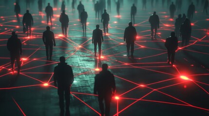Aufkleber - Abstract Representation of Connected Figures in Digital Space with Red Laser Lines on Ground