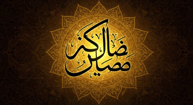 Ramadan calligraphy in Diwani script, surrounded by intricate mandala patterns and golden light