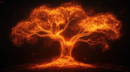 Poster - Glowing Digital Tree With Fiery Light Effects in a Dark Background for Abstract Concepts
