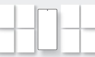 Fototapete - Modern Frameless Smartphone Mock-Up And Social Media Posts, Blank Template. Vector Illustration