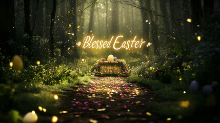 Wall Mural - a peaceful forest clearing with a pathway of flower petals leading to an easter altar, 
