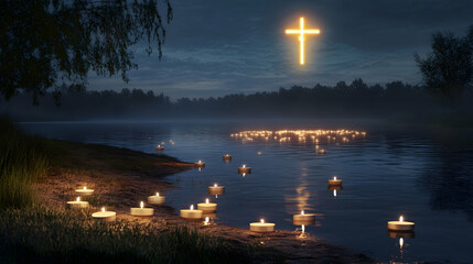 Wall Mural - a peaceful riverbank with floating candles drifting downstream, a distant cross reflecting on the wa