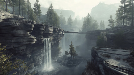 Poster - A deep canyon with cascading waterfalls and misty sunlight