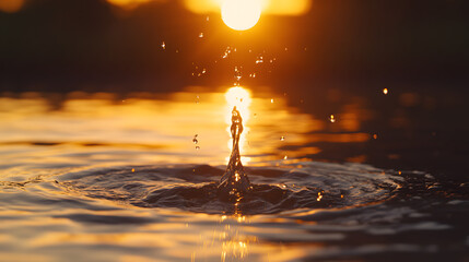 Poster - Close up of a water drop reflecting a sunset with tulips in the background
