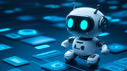 Poster - Robot in isometric style on blue background. Vector flat service support chat bot. Cartoon android with artificial intelligence, virtual assistant for online customer help