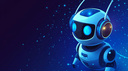 Poster - Robot in isometric style on blue background. Vector flat service support chat bot. Cartoon android with artificial intelligence, virtual assistant for online customer help