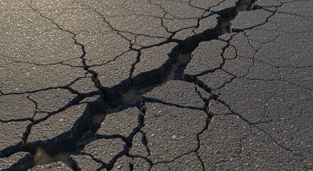 detailed asphalt crack formation capturing fragmentation and soft diffused light