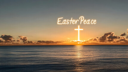 Wall Mural - a serene ocean sunset with a glowing cross appearing over the horizon, 