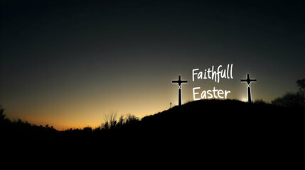 Wall Mural - a silhouette of three crosses on a hill against a twilight sky, 