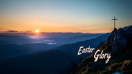 Wall Mural - a stunning mountain landscape at dawn with a cross in the distance, 