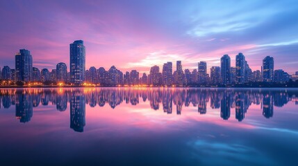Poster - A dreamy reflection of a city skyline on calm water at night.