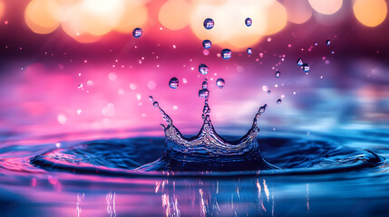 Poster - Water droplet on a pink and blue background with tulip flowers in a creative artistic composition