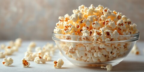 Freshly popped popcorn served in a clear bowl on a light surface with scattered kernels around it