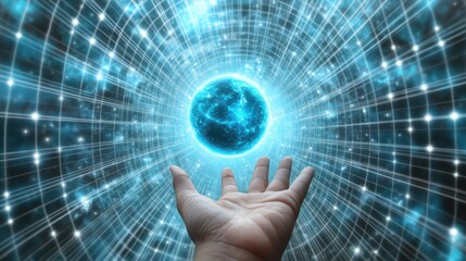 Poster - Hand Reaching Towards Glowing Sphere in Space with Blue Energy and Light Trails