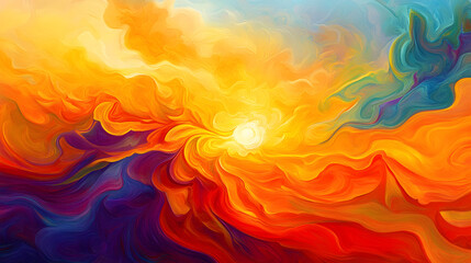Poster - Abstract painting featuring a vibrant orange and yellow background with stylized tulips in the foreground