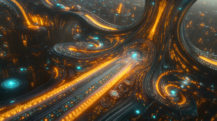 Poster - Futuristic cityscape at night with vibrant lights and abstract design elements illuminating the skyline