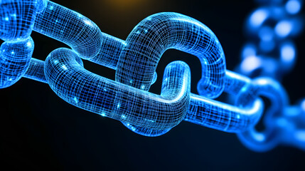 Poster - Abstract blue chain with a glowing link against a dark background representing connectivity and technology