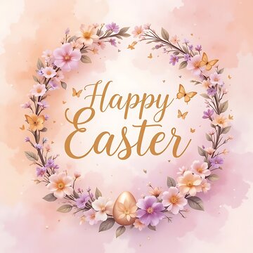  Easter typography background, Happy Easter greeting card with colorful eggs and floral wreath. easter doodle background, great for textiles, banners,