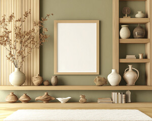 Leinwandbilder - A minimalist home interior featuring wooden shelves with pottery, books, and a blank frame, symbolizing simplicity, calmness, and creativity in home decor.