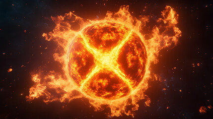 Poster - Conceptual illustration of a fireball with a cross symbol and abstract elements in a digital artwork