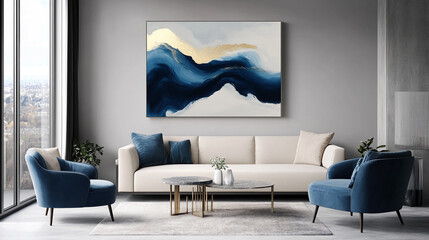 Poster - A modern living room with a comfortable beige sofa and blue chairs, complemented by a beautiful abstract wave painting in blue and gold, creating a stylish and serene atmosphere.