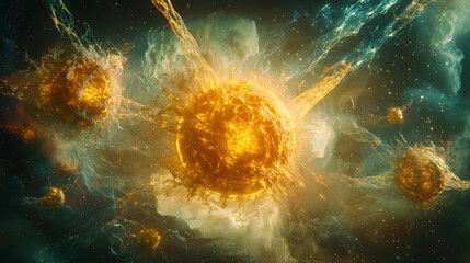 Poster - Large explosion of yellow and orange sparks in a dark background conceptual image