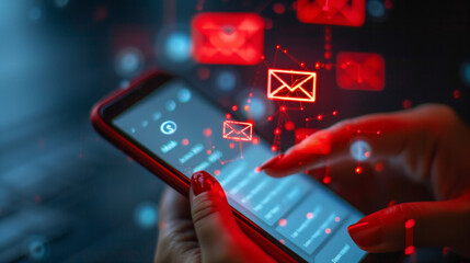 sms spam, fake text message phishing from scammer concept, system hacked red warning alert, email ha