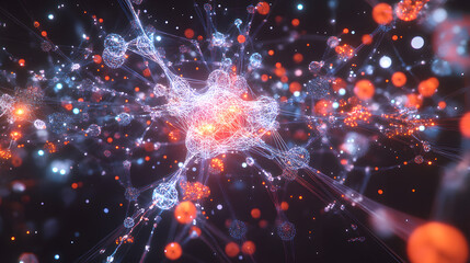 Poster - Computer generated network visualization with abstract elements and labeled nodes and connections