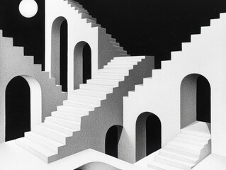 Poster - Intricate black and white illustration of stairs and arches in surrealistic architectural design under a circular light