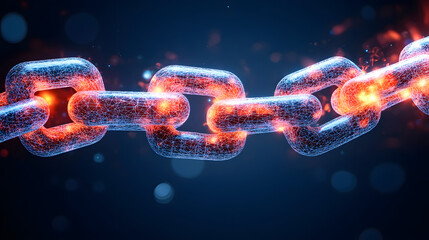 Poster - Conceptual image of a glowing chain with red and blue lights on a dark background