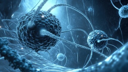 Poster - Microscopic View of Blue Cells and Fibers in a Scientific Concept of Biology and Technology